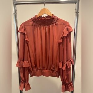 Frame Ruffle-Trim Smocked Neck Blouse